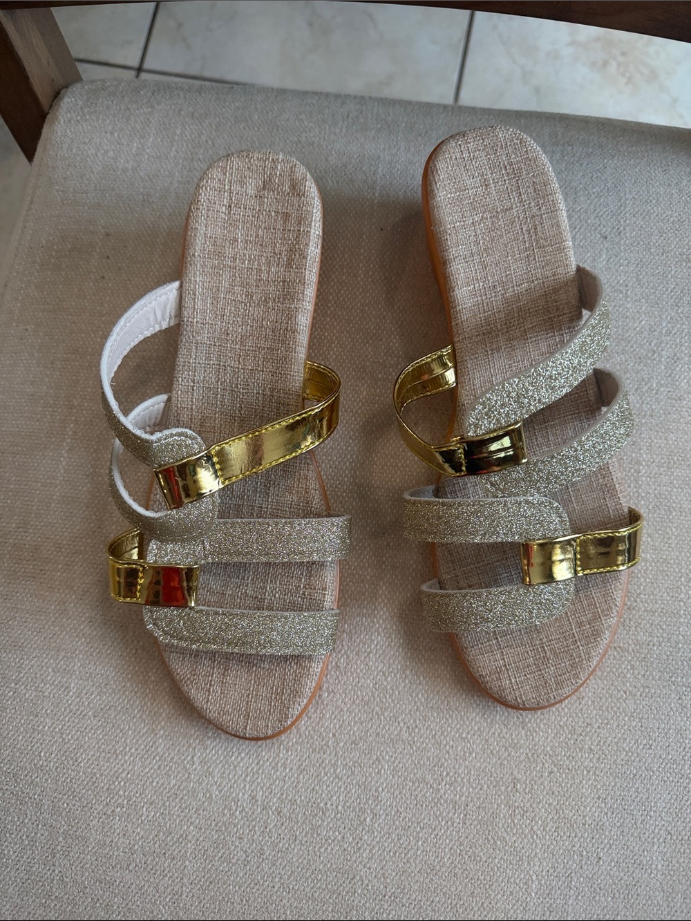 Women's Gold Glitter Multi-Strap Slide Sandals